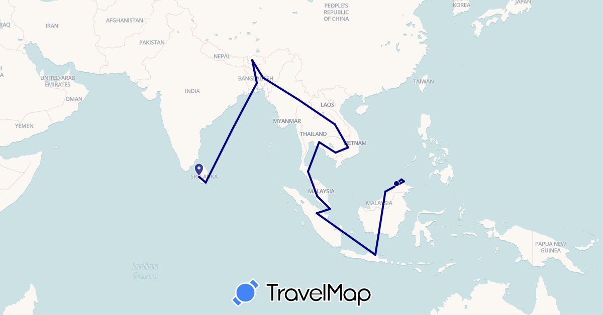 TravelMap itinerary: driving in Bangladesh, Bhutan, Indonesia, Cambodia, Laos, Sri Lanka, Malaysia, Singapore, Thailand (Asia)